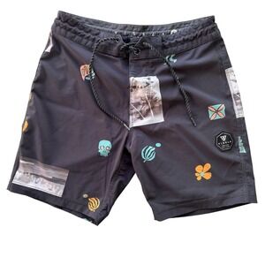 Vissla Board Shorts Mens Size 28x7 Black Swim Trunks Beach Surf Print‎